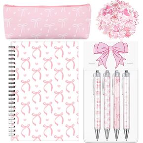 Pink Bow School Supplies Set Coquette Stationery Set Include Pens Aesthetic Journal Notebook Pencil Case and Stickers Pink Bow Preppy Back to School Supplies