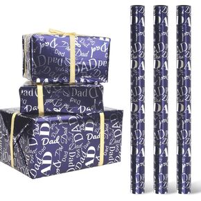 3 Rolls Father Day Mini Wrapping Paper Rolls - 42.5sqft (17 x 120inch per roll) Blue Silver Foil Dad Patterns Wrapping Paper Roll for Father Day Gift Wrapping DIY Gft for Daddy