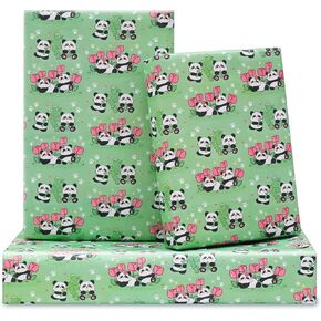 AircooL Panda Wrapping Paper for Kids Boys Girls, Cute Panda with Tulip Flower and Bamboo Gift Wrapping Paper 6 Sheets Foled Flat 20x30 Inches per Sheet, For Birthday Wedding Baby Shower