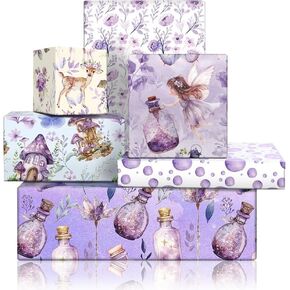 Geluode Dreamy Fairy and Flower Wrapping Paper, Mushroom House Fairy Tale Sika Deer Wishing Bottle Gift Wrap Paper, For Little Princess Birthday, Wedding, Baby Shower, Easter, 6 Sheets 20x28 inches