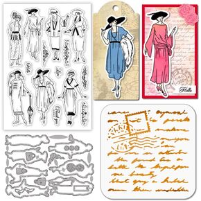 GLOBLELAND Vintage Woman Clear Stamps Cutting Dies PET Painting Stencils for Card Making Vintage Lady Background Silicone Stamp Metal Tags Die Cuts PET Paint Stencils for DIY Scrapbooking