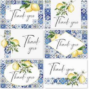 36 Pack Lemon Thank You Cards Bulk Vintage Blue Tiles Lemon Thank You Note Cards with Stickers Envelopes Watercolor Greeting Cards for Baby Shower Wedding Birthday Party and All Occasion