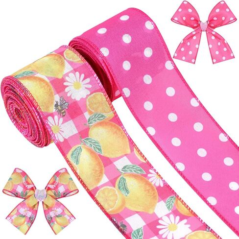 2 Rolls 10 Yards Lemon Wired Edge Ribbon 2.5 Inch Summer Fruit Craft Fabric Ribbon Pink White Polka Dot Burlap Ribbon for Gift Wrapping DIY Wreath Bow Making Farmhouse Party Decoration in Saudi Arabia