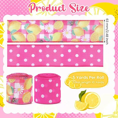 2 Rolls 10 Yards Lemon Wired Edge Ribbon 2.5 Inch Summer Fruit Craft Fabric Ribbon Pink White Polka Dot Burlap Ribbon for Gift Wrapping DIY Wreath Bow Making Farmhouse Party Decoration in Saudi Arabia