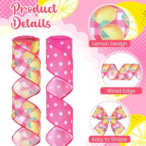 2 Rolls 10 Yards Lemon Wired Edge Ribbon 2.5 Inch Summer Fruit Craft Fabric Ribbon Pink White Polka Dot Burlap Ribbon for Gift Wrapping DIY Wreath Bow Making Farmhouse Party Decoration in Saudi Arabia