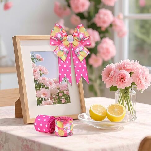 2 Rolls 10 Yards Lemon Wired Edge Ribbon 2.5 Inch Summer Fruit Craft Fabric Ribbon Pink White Polka Dot Burlap Ribbon for Gift Wrapping DIY Wreath Bow Making Farmhouse Party Decoration in Saudi Arabia