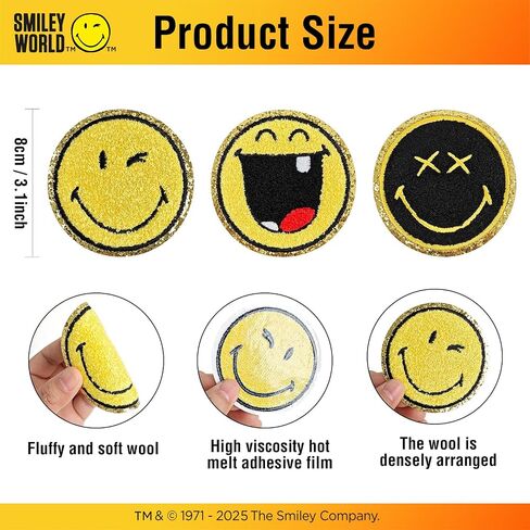 16PCS Smiley Face Iron on Patch, Officially Licensed SmileyWorld, Chenille Cute Smile Face Patch for Jackets, Hats, Backpacks, Jeans(Style 1) in Kuwait