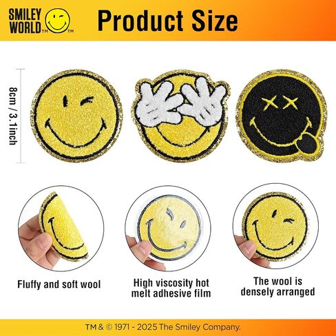 16PCS Smiley Face Iron on Patch, Officially Licensed SmileyWorld, Chenille Cute Smile Face Patch for Jackets, Hats, Backpacks, Jeans(Style 1) in Kuwait