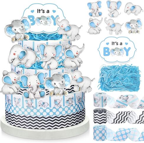 Fuutreo Elephant Baby Shower Diaper Cake Kit for Girl Elephant Baby Shower Decorations with Diaper Cake Ribbon Cutouts Gender Reveal Cards, Raffia for Gender Reveal Party Birthday Table Decor Supplies in Kuwait