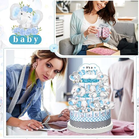 Fuutreo Elephant Baby Shower Diaper Cake Kit for Girl Elephant Baby Shower Decorations with Diaper Cake Ribbon Cutouts Gender Reveal Cards, Raffia for Gender Reveal Party Birthday Table Decor Supplies in Kuwait