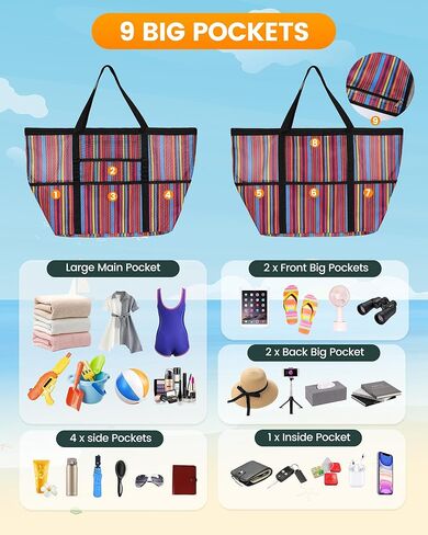 حقائب الشاطئ للنساء - حقيبة شاطئ كبيرة، حقيبة شاطئ مع جيب مبلل، مقاومة للماء مع سحاب للشاطئ in Kuwait