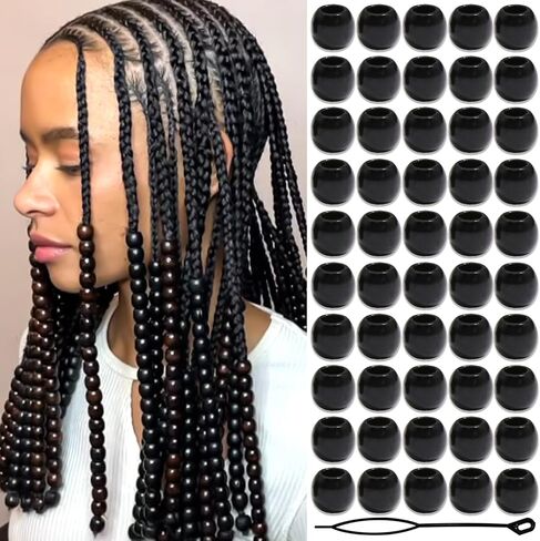 60PCS Wood Hair Beads Large Hole Black Natural Bead for Locs Vintage Dreadlock Jewelry Wooden Beads Hair Accessories for Women and Girls in Saudi Arabia