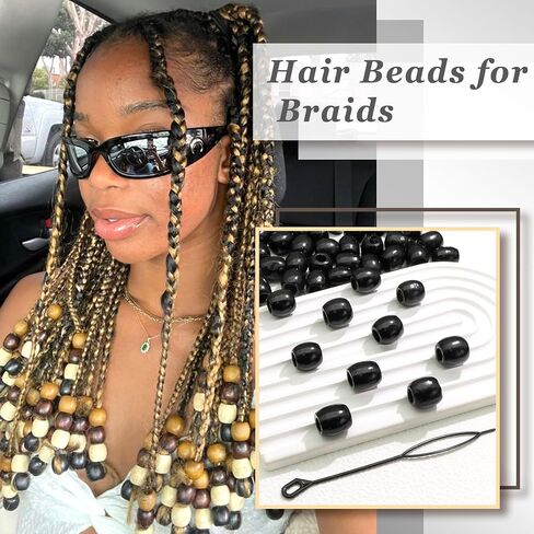 60PCS Wood Hair Beads Large Hole Black Natural Bead for Locs Vintage Dreadlock Jewelry Wooden Beads Hair Accessories for Women and Girls in Saudi Arabia