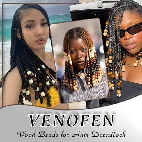 60PCS Wood Hair Beads Large Hole Black Natural Bead for Locs Vintage Dreadlock Jewelry Wooden Beads Hair Accessories for Women and Girls in Saudi Arabia