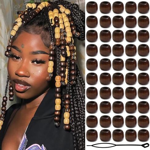 60PCS Wood Hair Beads Large Hole Black Natural Bead for Locs Vintage Dreadlock Jewelry Wooden Beads Hair Accessories for Women and Girls in Saudi Arabia
