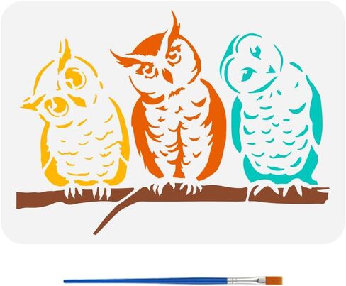 FINGERINSPIRE Owl Patterns Painting Stencil 8.3x11.7inch 3 Owls with Heads Titlted Template with Brush Owls Standing on A Tree Branch Stencil Owl Birds Stencil Animal Theme Template for DIY Crafts in Saudi Arabia