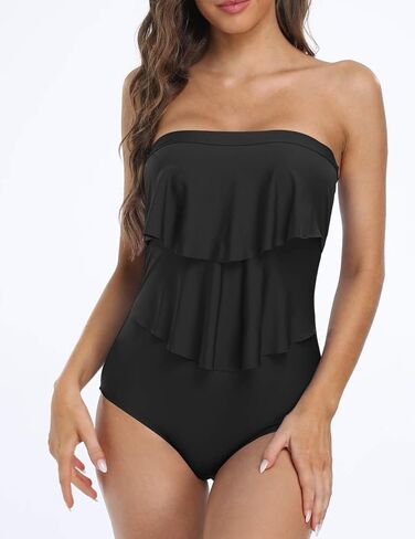 Firpearl Women's Bandeau One Piece Strapless Swimsuits Layered Ruffle Swimwear Flounce Bathing Suit in Kuwait