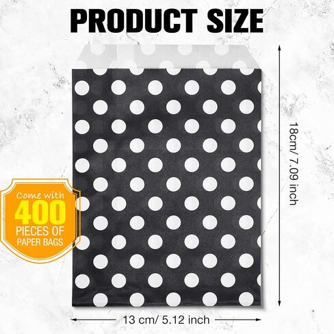 400 Pack 5 × 7 بوصات أكياس Polka Dot Cookie & Candy Buffet أكياس - أكياس صغيرة للوجبات الخفيفة لتغليف شطيرة الطعام (بالأبيض والأسود) in Kuwait