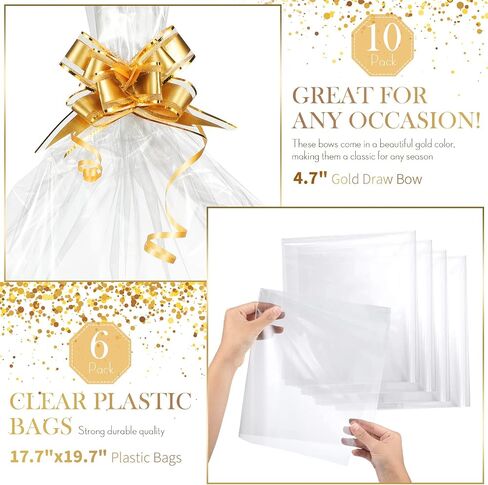 Mimorou 6 Pack Gift Baskets Kit 6 سلال فارغة ، 6 أكياس هدايا واضحة ، 10 أقواس سحب مثالية لحفل عيد ميلاد الزفاف (الذهب) in Saudi Arabia