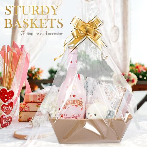 Mimorou 6 Pack Gift Baskets Kit 6 سلال فارغة ، 6 أكياس هدايا واضحة ، 10 أقواس سحب مثالية لحفل عيد ميلاد الزفاف (الذهب) in Saudi Arabia