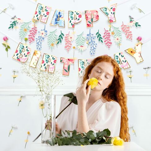 Wildflower Happy Birthday Banner Wildflower Birthday Decorations No DIY Floral Flower Theme Birthday Banner for Girls Women Birthday Decor (Pre-strung) in Kuwait