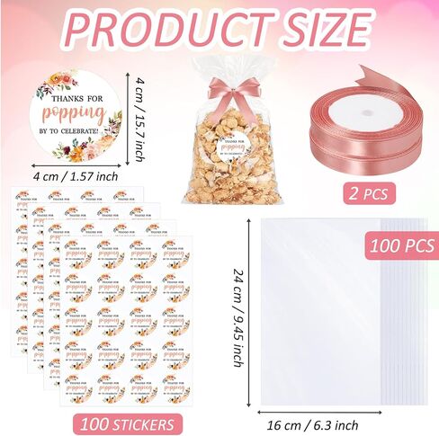 Adodotoe 100 Sets Popcorn Favor Bags Thanks for Popping by Stickers Popcorn Party Favors Wedding Baby Shower Thank You Tags Clear Goodie Bag Favor Sticker for Crafts Gift in Kuwait
