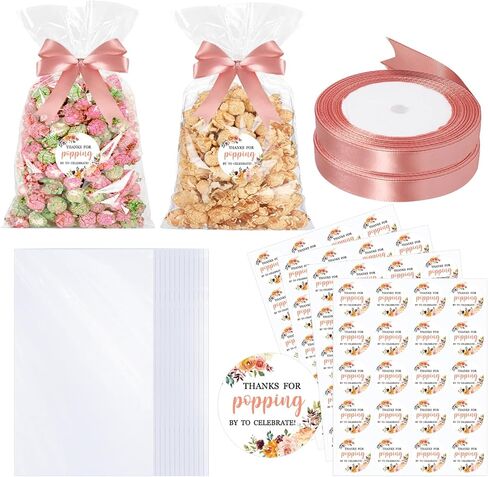 Adodotoe 100 Sets Popcorn Favor Bags Thanks for Popping by Stickers Popcorn Party Favors Wedding Baby Shower Thank You Tags Clear Goodie Bag Favor Sticker for Crafts Gift in Kuwait