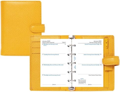 Filofax Finsbury Organizer, Mini Size, Mustard - Traditional Grained Leather, Five Rings, Week-to-View Calendar Diary, Multilingual, 2024 (C022618-24) in Saudi Arabia