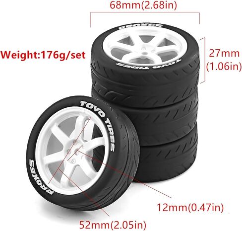 1/10 RC On Road Tires OD 68mm and Hard Plastic Street Wheels 12mm Hex Touring Tyres for 1:10 Rally Racing Drift Car Tamiya TT01 TT02 XV01 HPI KYOSHO HSP PTG2 Traxxas TA06 A959 4PCS (White) in Saudi Arabia