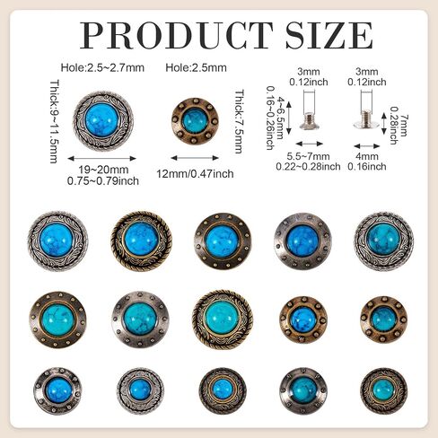 16 Sets Faux Turquoise Decorative Rivets Studs 12-20mm Round Vintage Conchos for Leather Alloy Coin Screwback Button Rivets for Clothes Bag Shoes Leather Craft in Saudi Arabia