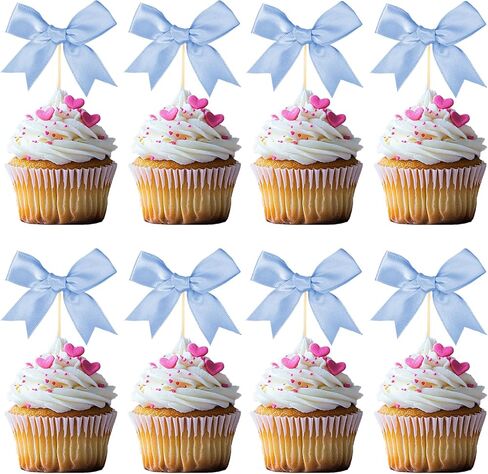 24 Pcs Birthday Bow Cupcake Toppers Blue Satin Bowknot Cupcake Toppers Blue Ribbon Bow Cake Topper Bow Cupcake Picks for Wedding Baby Shower Bridal Bachelorette Party Supplies in Saudi Arabia
