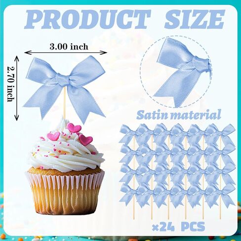 24 Pcs Birthday Bow Cupcake Toppers Blue Satin Bowknot Cupcake Toppers Blue Ribbon Bow Cake Topper Bow Cupcake Picks for Wedding Baby Shower Bridal Bachelorette Party Supplies in Saudi Arabia