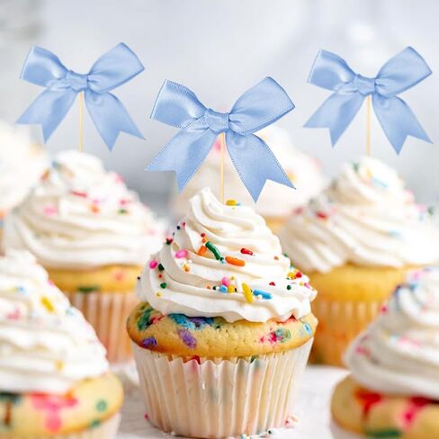 24 Pcs Birthday Bow Cupcake Toppers Blue Satin Bowknot Cupcake Toppers Blue Ribbon Bow Cake Topper Bow Cupcake Picks for Wedding Baby Shower Bridal Bachelorette Party Supplies in Saudi Arabia