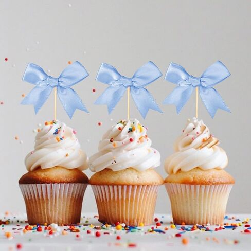 24 Pcs Birthday Bow Cupcake Toppers Blue Satin Bowknot Cupcake Toppers Blue Ribbon Bow Cake Topper Bow Cupcake Picks for Wedding Baby Shower Bridal Bachelorette Party Supplies in Saudi Arabia