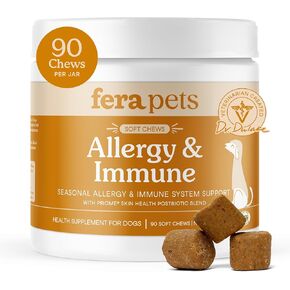 Fera Pet Organics Dog Allergy and Immune Support Supplement 90 Chews Vet Formulated with Mushrooms, Colostrum, and Postbiotics for Itchy Dog Relief and Immune Support
