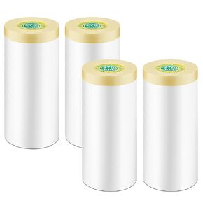 4 Rolls Painters Plastic with Tape, 3.6Ft x 65Ft Pre-Taped Masking Paper for Painting Automotive Masking Film Paint Adhesive Protective Film Roll for Painting Covering Walls Windows Auto Body