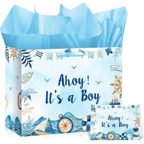 Nautical Baby Shower Birthday Gift Bag for Baby Boys Gender Reveal Favors Bag Ahoy It's a Boy Gift Wrapping Paper Bag with Greeting Card for Nautical Theme Baby Shower Birthday Party Favors Supplies