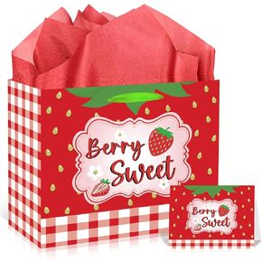 EoBeCy Large Strawberry Gift Bag: Red Berry Sweet Strawberry 1st Birthday Wrapping Bag with Tissue Paper and Greeting Card for Girls Baby Shower First Birthday Party Favor Bags