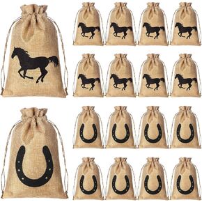 Vincreem 16 Pieces Western Horse Gift Bags Cowboy Party Favor Bags with Drawstring Reusable Treat Goodie Candy Sackpacks Horsehead and Horseshoe Pattern for Cowboy Birthday Party Favor(5x7 Inch)