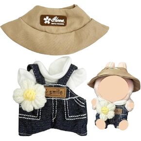 4 Pieces Doll Clothes Set, Fashion Handmade Clothes for 15/17cm Dolls, Cute Doll Outfit with Accessories-Denim Overall, White T-Shirt, Sun Hat and Knitted Flower Brooch
