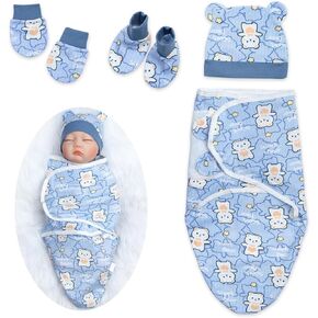 4Pcs Reborn Baby Doll Clothes Swaddle Blanket Suit for 17-22 inch Reborn Baby Doll Accessories Blue Bear Blanket Wrap Set
