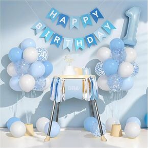 1st Birthday Decorations for Boy - Complete Party Set with High Chair Banner, Number 1 Balloon, ONE Cake Topper, Crown, Balloons & Banner(Blue) in Saudi Arabia