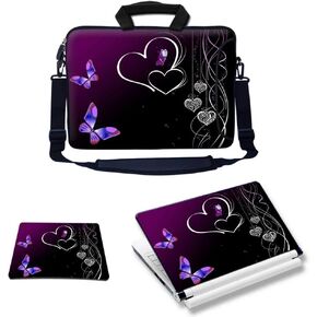 Meffort Inc Laptop Bundle - Includes Neoprene Laptop Bag with Side Pocket Adjust Shoulder Strap with Matching Skin Sticker Decal & Mouse Pad (15.6 Inch, Purple Butterfly Heart)