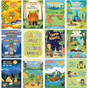 12 Set Real Adventure Camp Greeting Cards with Envelopes in 12 Designs, 7. 48 x 5. 24 Inch, Camp Stationary for Students Summer Vacation Cards for School Family Hiking Party Game Outdoor Activity