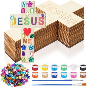Blueweenly 20 Pcs DIY Wood Cross Crafts for Kids Sunday School Vacation Bible School Supplies Jesus Love Me Religious Christian Craft Kit with Stickers 1 Set Paint Unfinished Cross Gift for Church