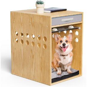 Dog Crate Furniture with Drawer, SAUCE ZHAN Dog Kennel with Cushion for Small/Medium Dogs, End Side Table Wooden Crate for Pets Indoor, Wood Color