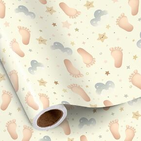 RUSPEPA Baby Shower Wrapping Paper Roll for Boys Girls, Mini Roll, Cute Baby Footprints, Stars and Cloud Design Gift Wrap for Newborn, Gender Neutral Baby Shower, First Birthday, 17 Inches x 16.4 Feet