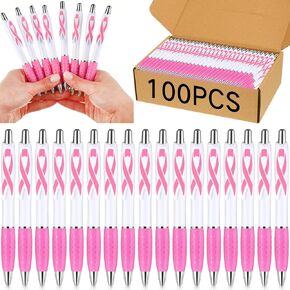 Ctosree 50 Pcs Pink Ribbon Retractable Gel Roller Ball Pen Breast Cancer Awareness Ribbon Pen Fine Point Black Ink Breast Cancer Pens Bulk Plastic Pink Gel Ballpoint Pens for Office Women Gift