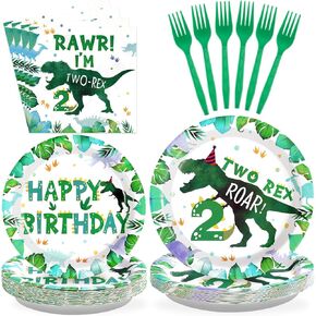 Grencian 96PCS Dinosaur 2nd Happy Birthday Party Supplies 2 Rex Dinosaur Plates and Napkins Forks Disposable Tableware Set for Two Rex Boy Birthday Decorations 2 Year Old Party Decorations Serves 24