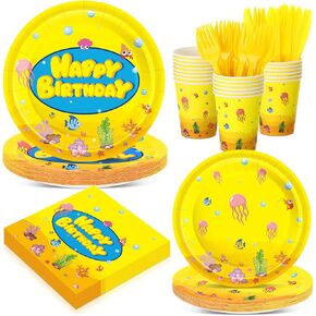 120 Pcs Yellow Cartoon Sponge Theme Party Supplies Cute Yellow Theme Birthday Decoration Sponge Tableware Decorations for Undersea Birthday Shower Party Table Supplies Serve 20 Guests